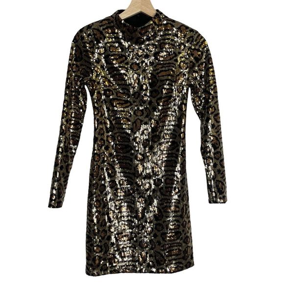 Topshop Sequin Animal Print Mini Dress - Silver and Brown - Picture 3 of 11